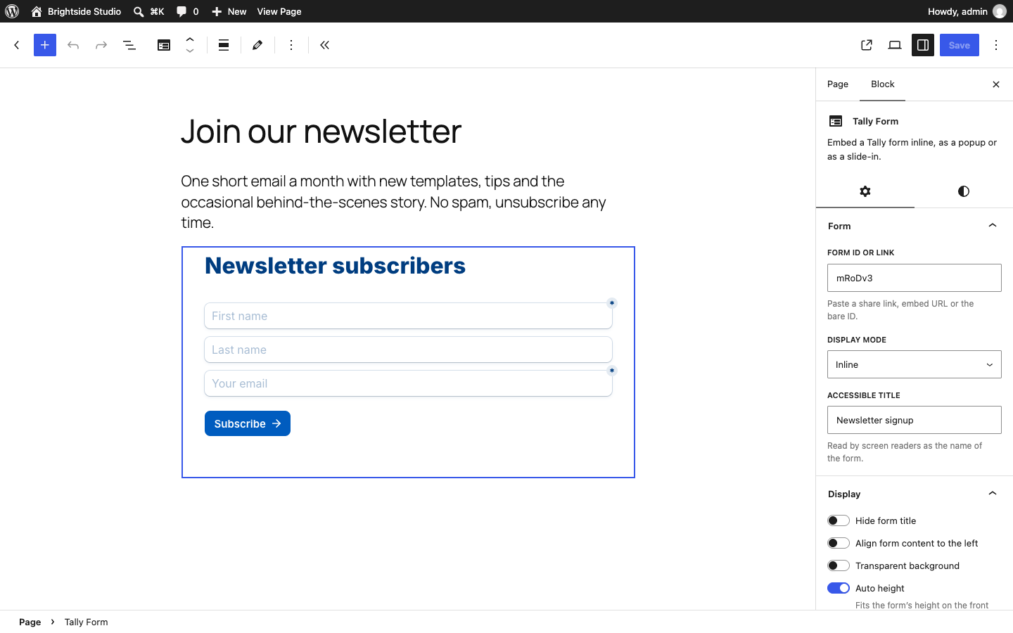 The Tally Form block showing a live Tally form in the WordPress editor, with options in the sidebar
