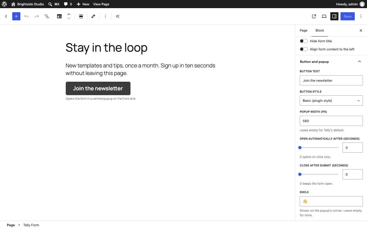 Popup and slide-in options in the Tally Form block sidebar