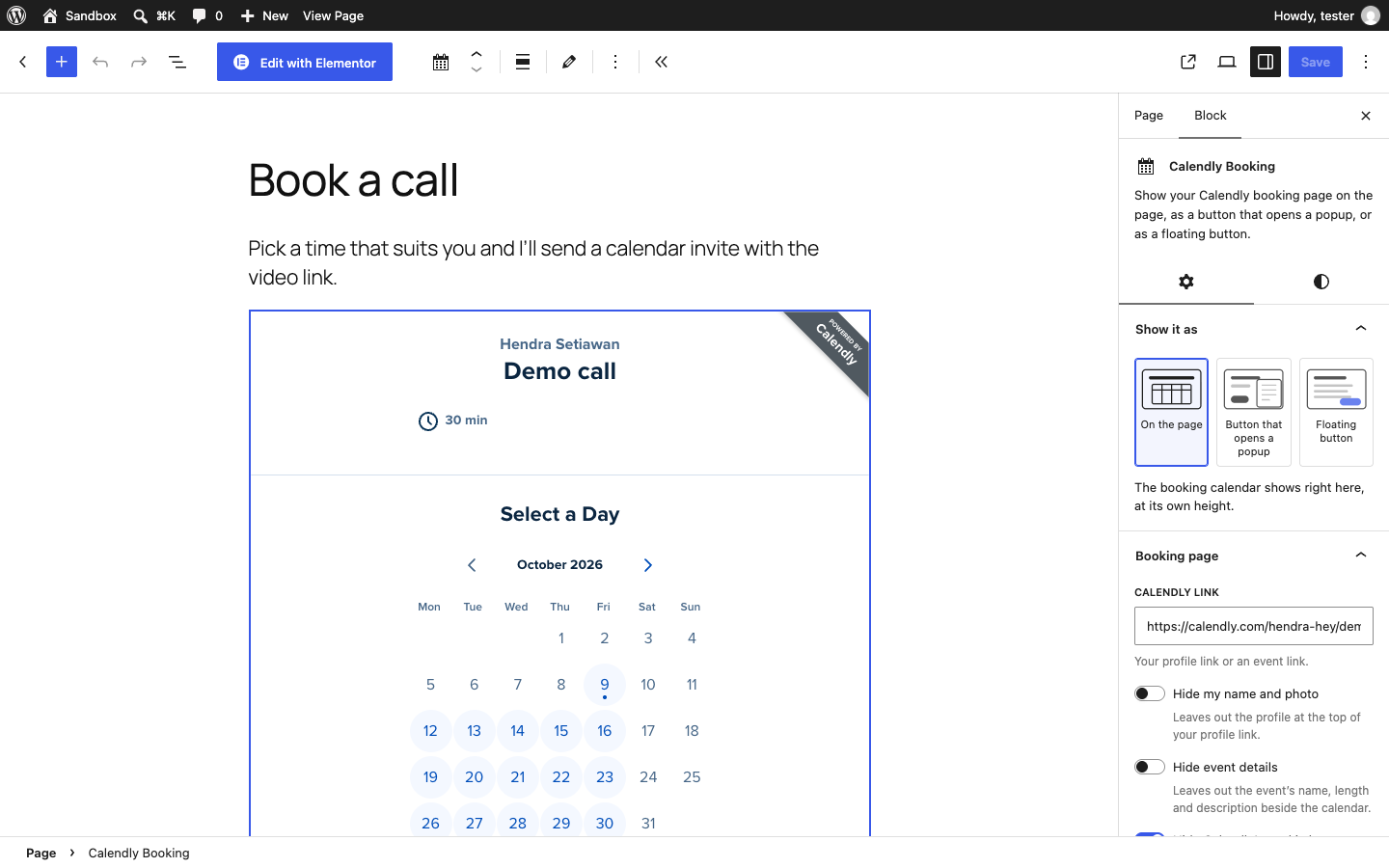The Calendly Booking block showing a live booking calendar in the WordPress editor, with three picture cards in the block sidebar