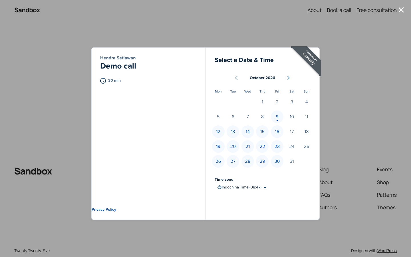 A Calendly booking calendar open in a popup on a WordPress page