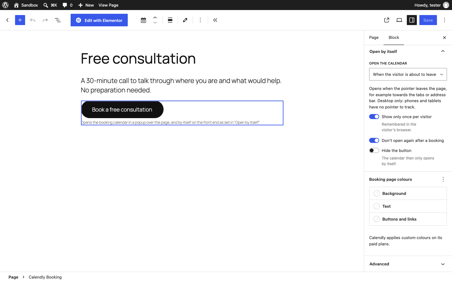 The Open by itself options for a popup in the Calendly Booking block sidebar